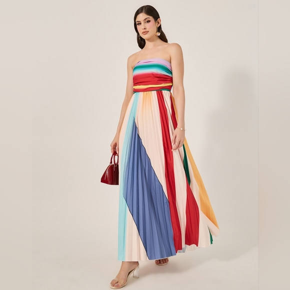 Color Block Small Multicolor Pleated Strapless A-Line Long Fit‎ Flare Maxi Dress - Picture 1 of 6